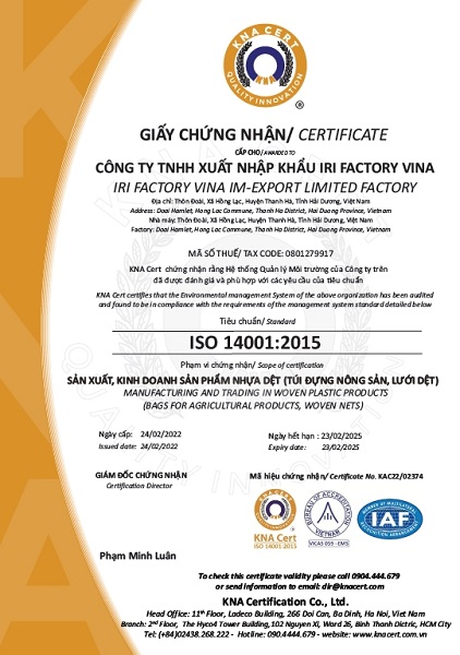 ISO 14001:2015 - Lưới Iri Factory Vina - Công Ty TNHH Xuất Nhập Khẩu Iri Factory Vina